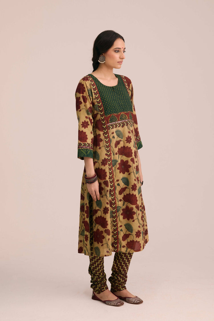 Rozana Cotton Vanaspati Hand Block Printed Kurta Beige Green