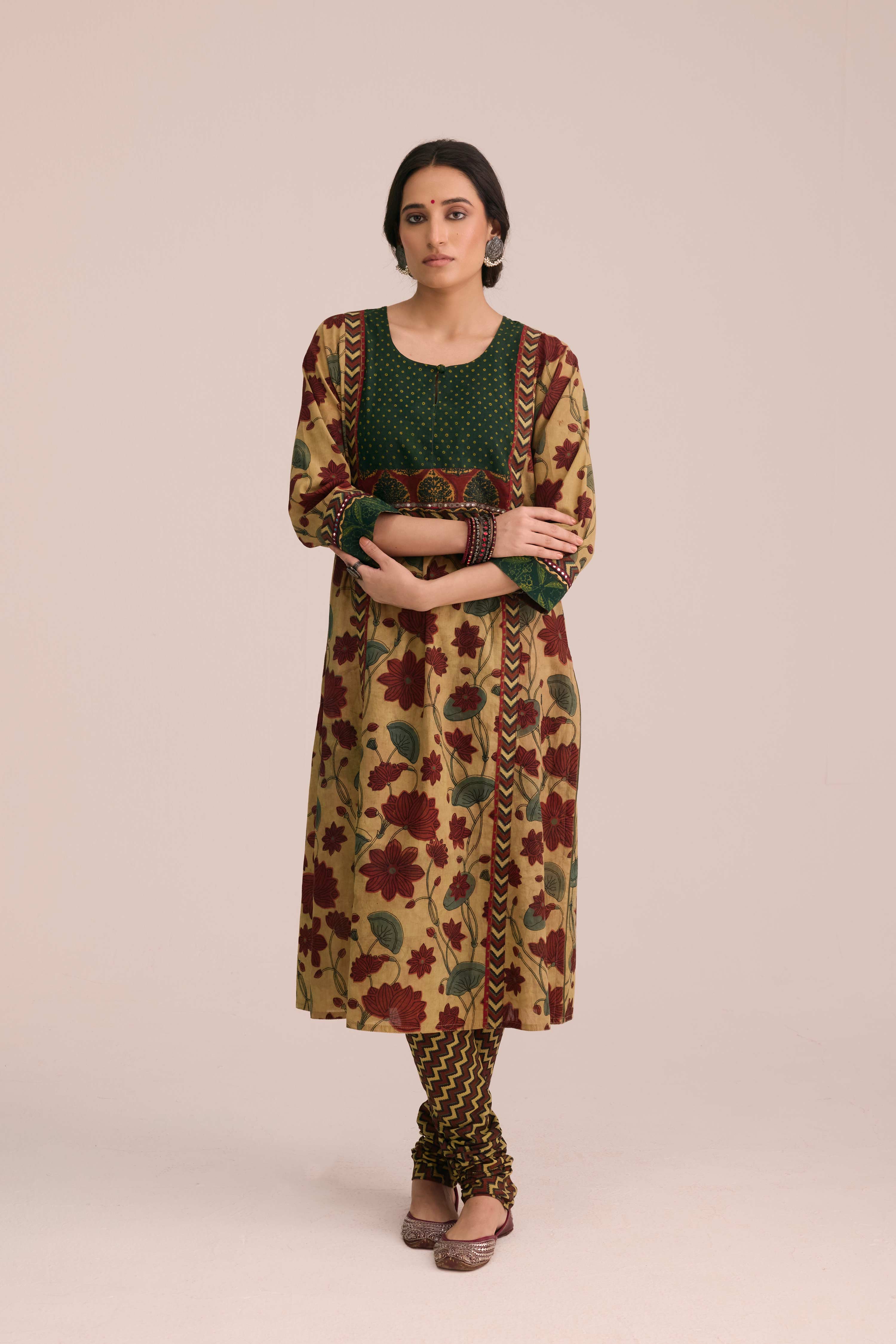 Traditional Cotton Vanaspati Hand Block Printed Churidar Beige Brown
