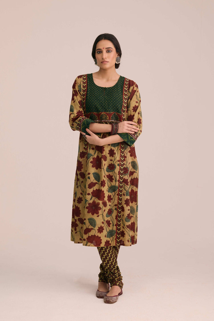 Traditional Cotton Vanaspati Hand Block Printed Churidar Beige Brown