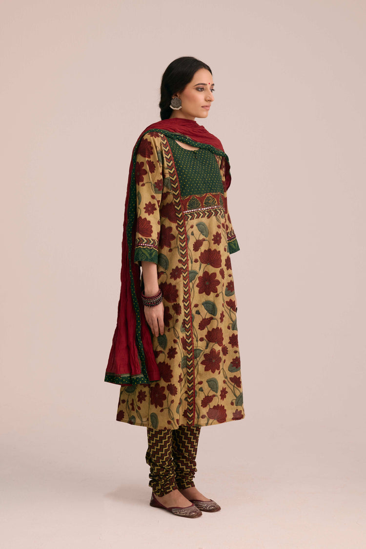 Traditional Cotton Vanaspati Hand Block Printed Churidar Beige Brown