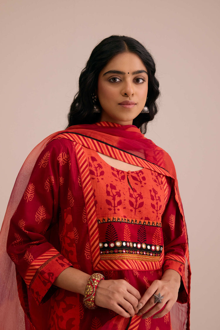 Rozana Cotton Printed Kurta Red