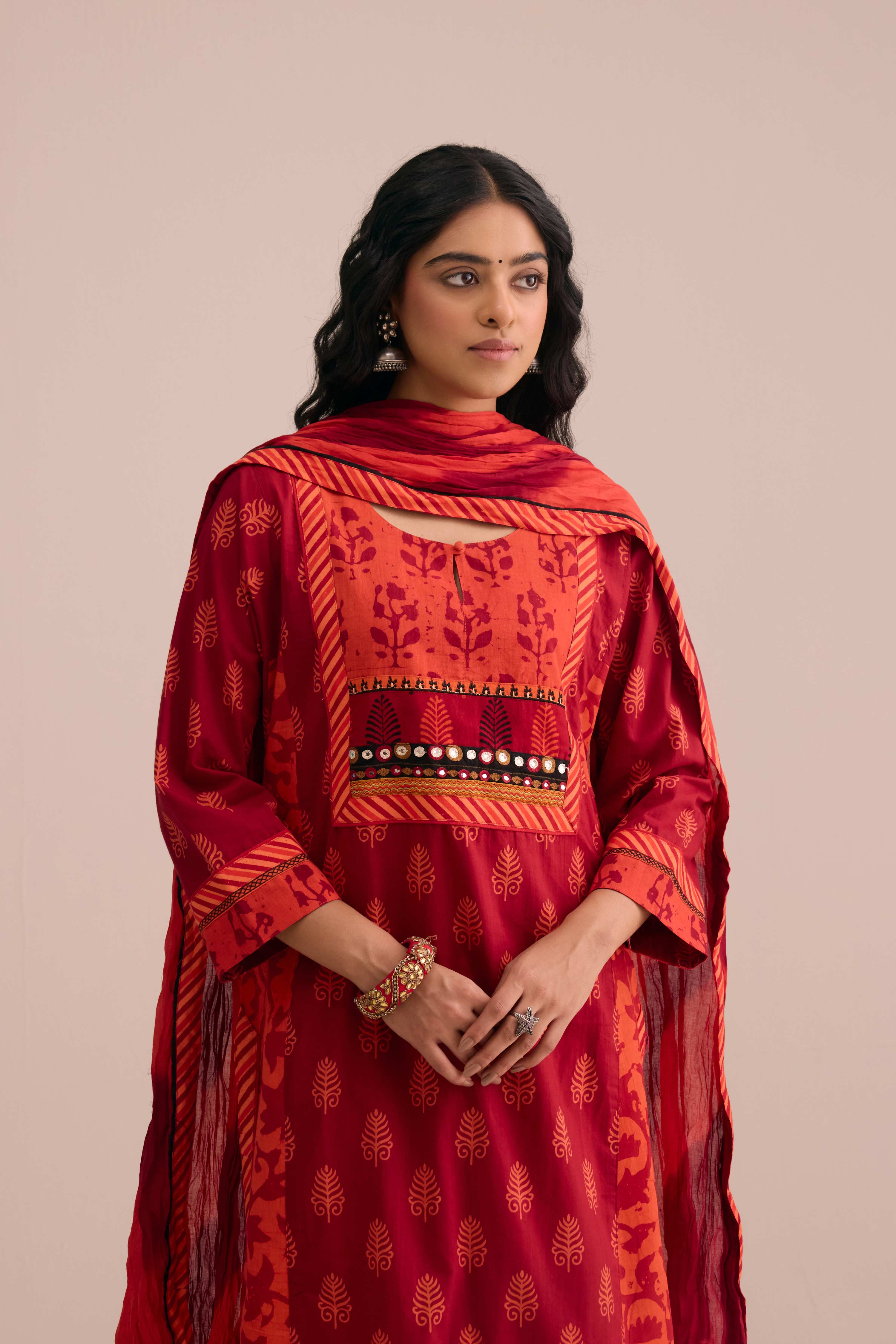 Cotton Crinkle Dupatta Red Orange