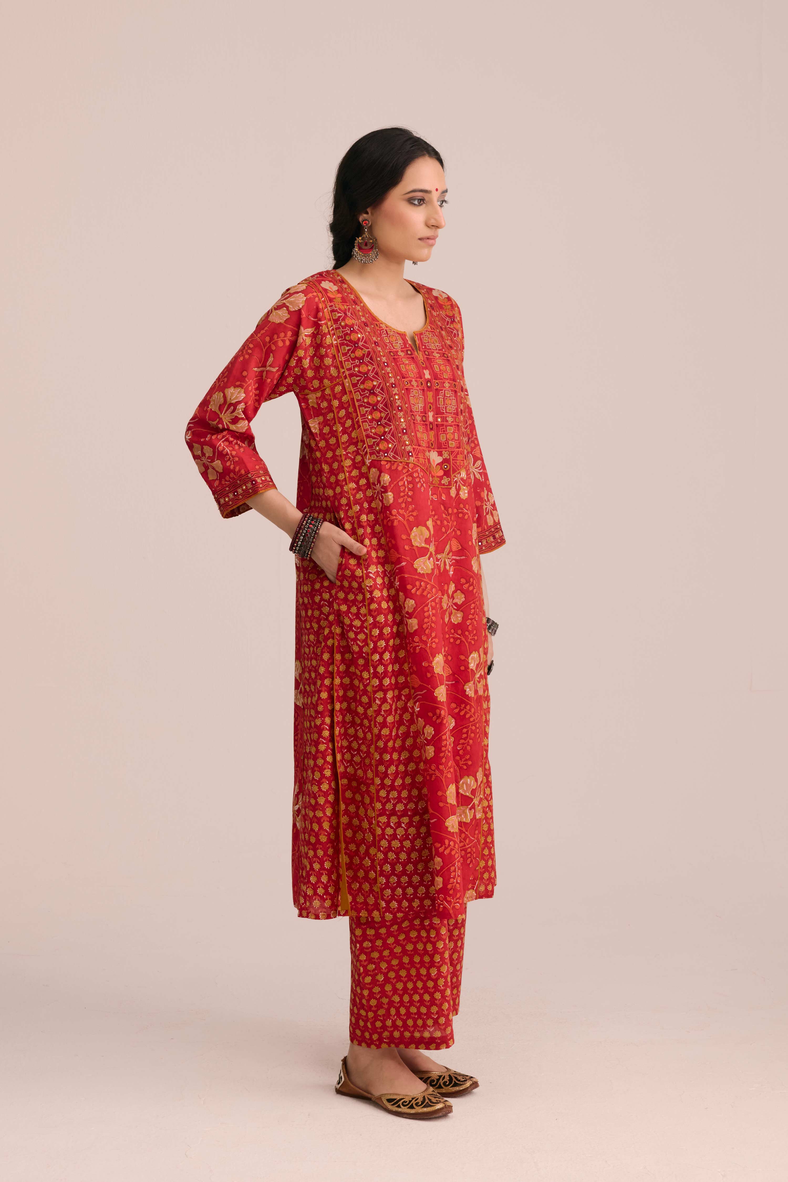 Straight Cotton Hand Block Printed Pant Red