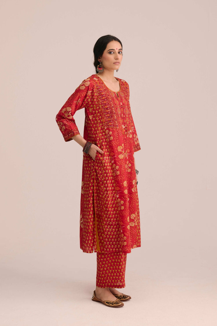 Tulsi Cotton Embroidered Hand Block Printed Kurta Red