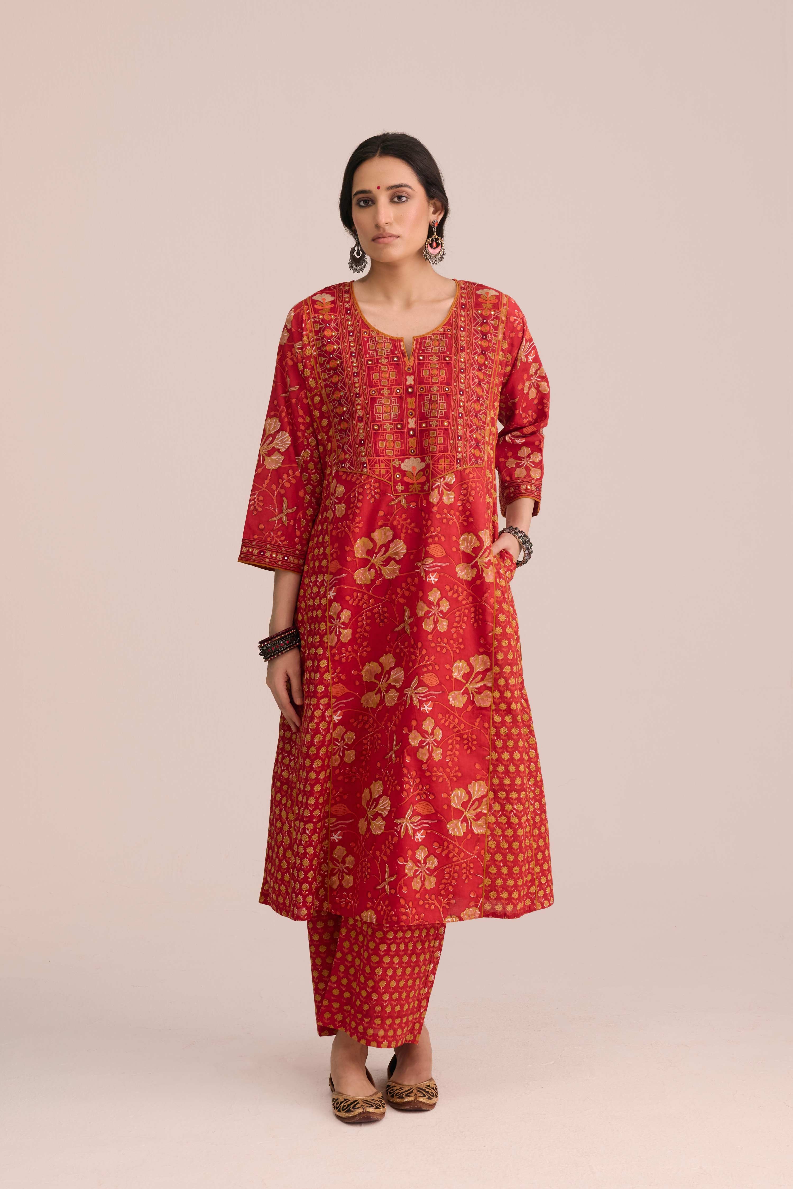 Tulsi Cotton Embroidered Hand Block Printed Kurta Red