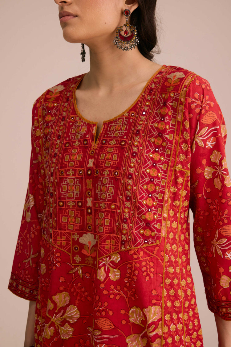 Tulsi Cotton Embroidered Hand Block Printed Kurta Red
