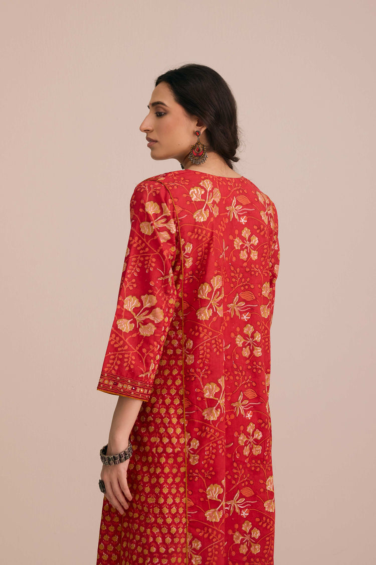 Tulsi Cotton Embroidered Hand Block Printed Kurta Red