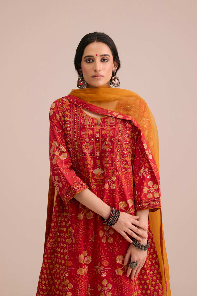 Tulsi Cotton Embroidered Hand Block Printed Kurta Red