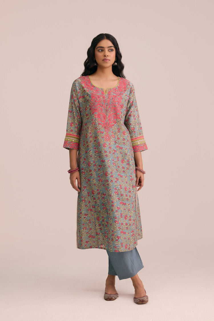 Rozana Cotton Embroidered Ensemble Aqua Pink (Set of 3)