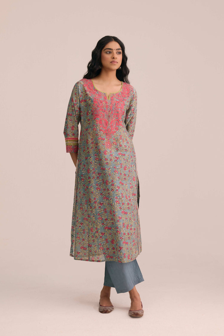 Rozana Cotton Embroidered Ensemble Aqua Pink (Set of 3)