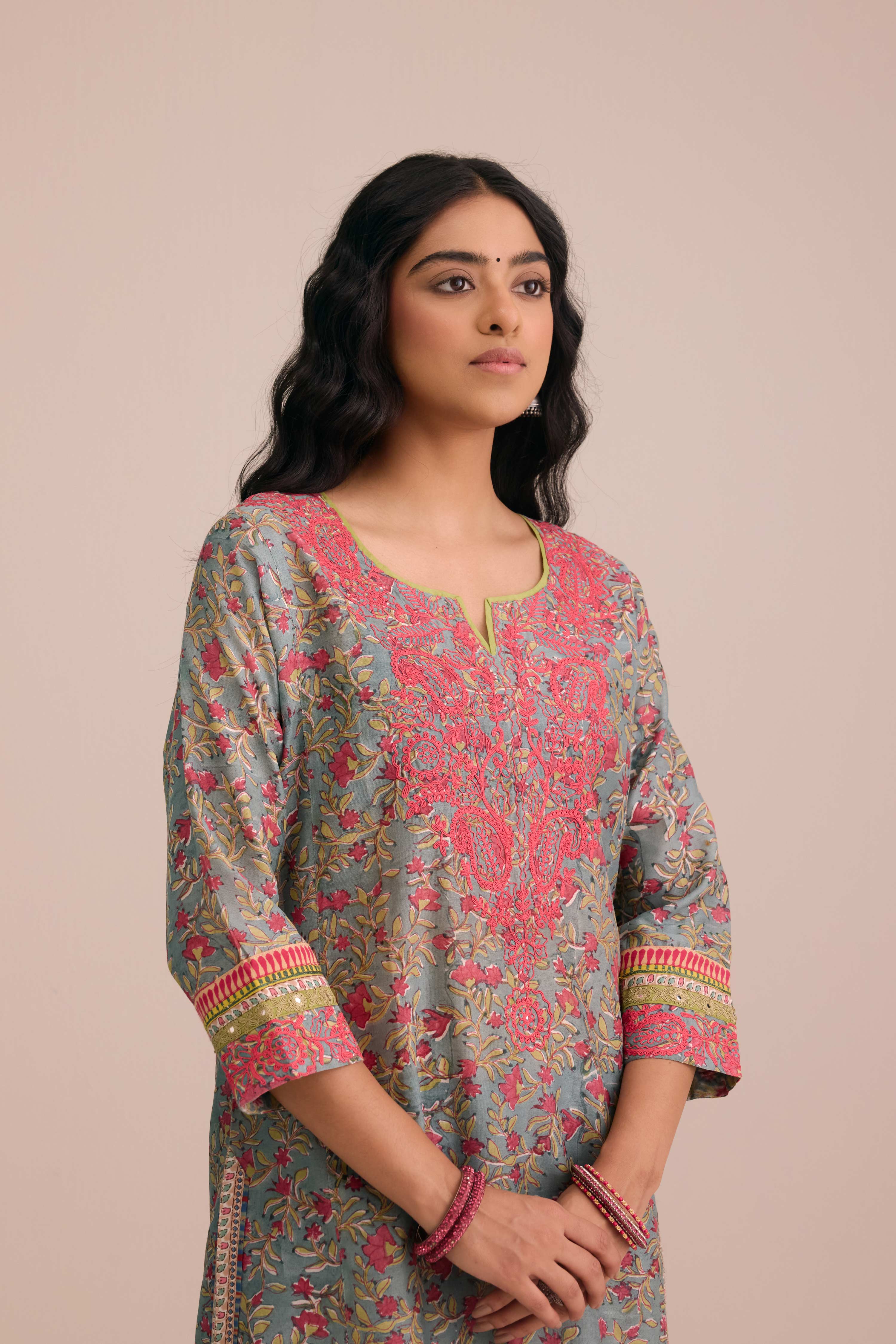 Rozana Cotton Embroidered Ensemble Aqua Pink (Set of 3)