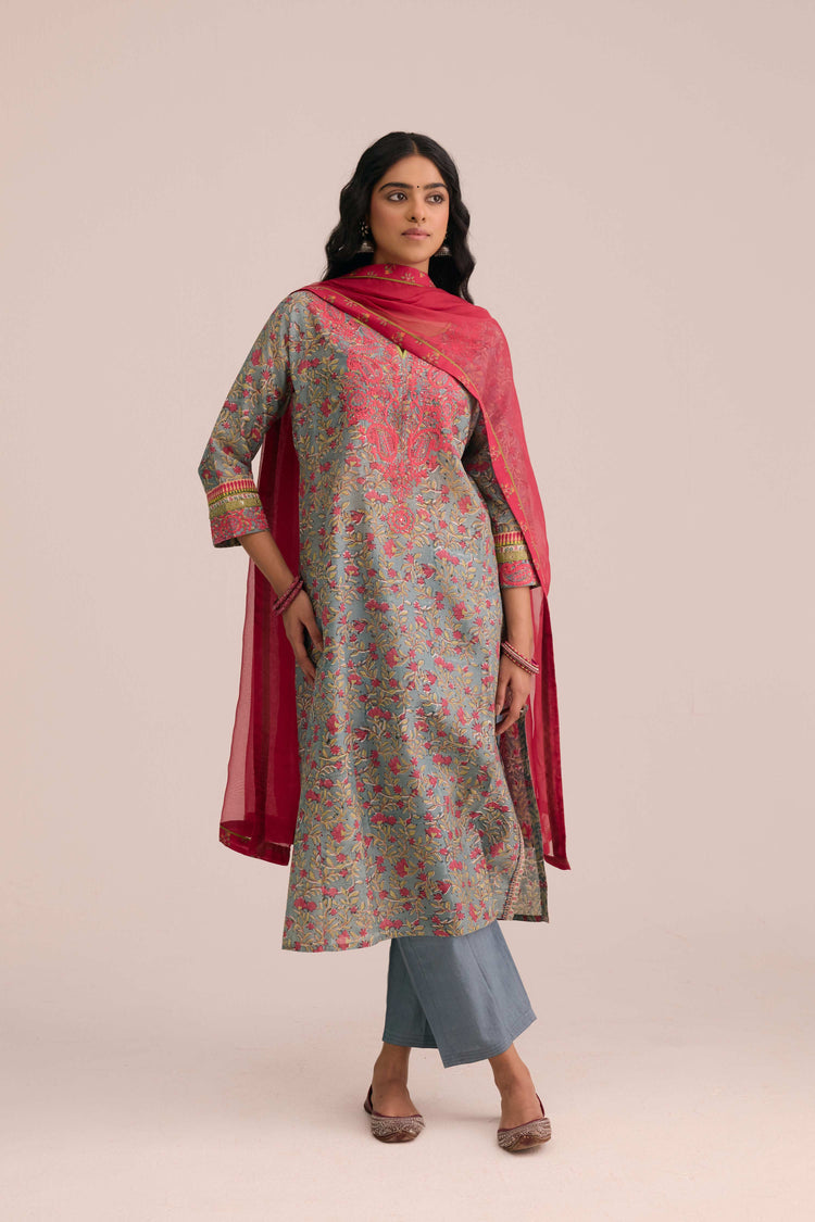 Rozana Cotton Embroidered Ensemble Aqua Pink (Set of 3)