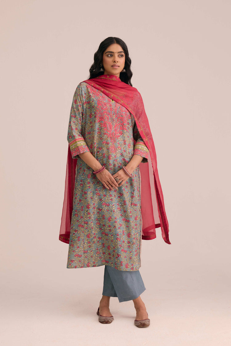 Rozana Cotton Embroidered Ensemble Aqua Pink (Set of 3)