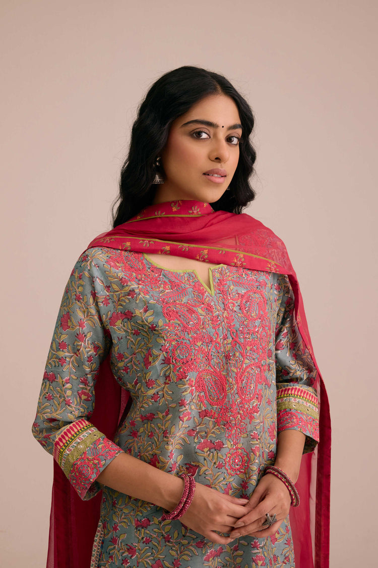 Rozana Cotton Embroidered Ensemble Aqua Pink (Set of 3)