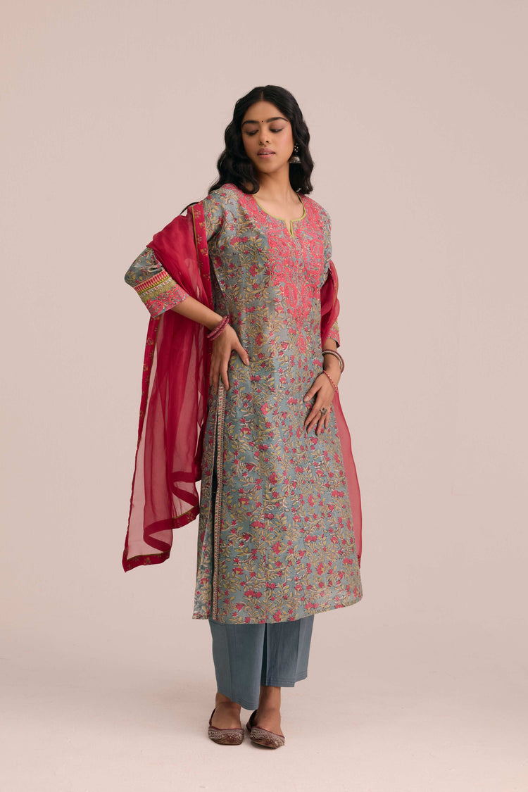 Rozana Cotton Embroidered Ensemble Aqua Pink (Set of 3)