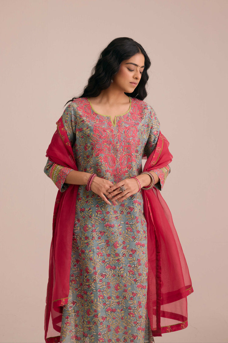 Rozana Cotton Embroidered Ensemble Aqua Pink (Set of 3)