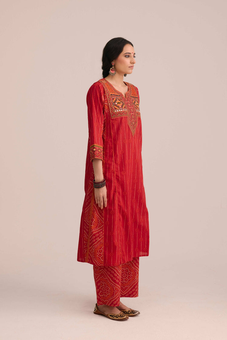 Tulsi Cotton Embroidered Printed Kurta Red