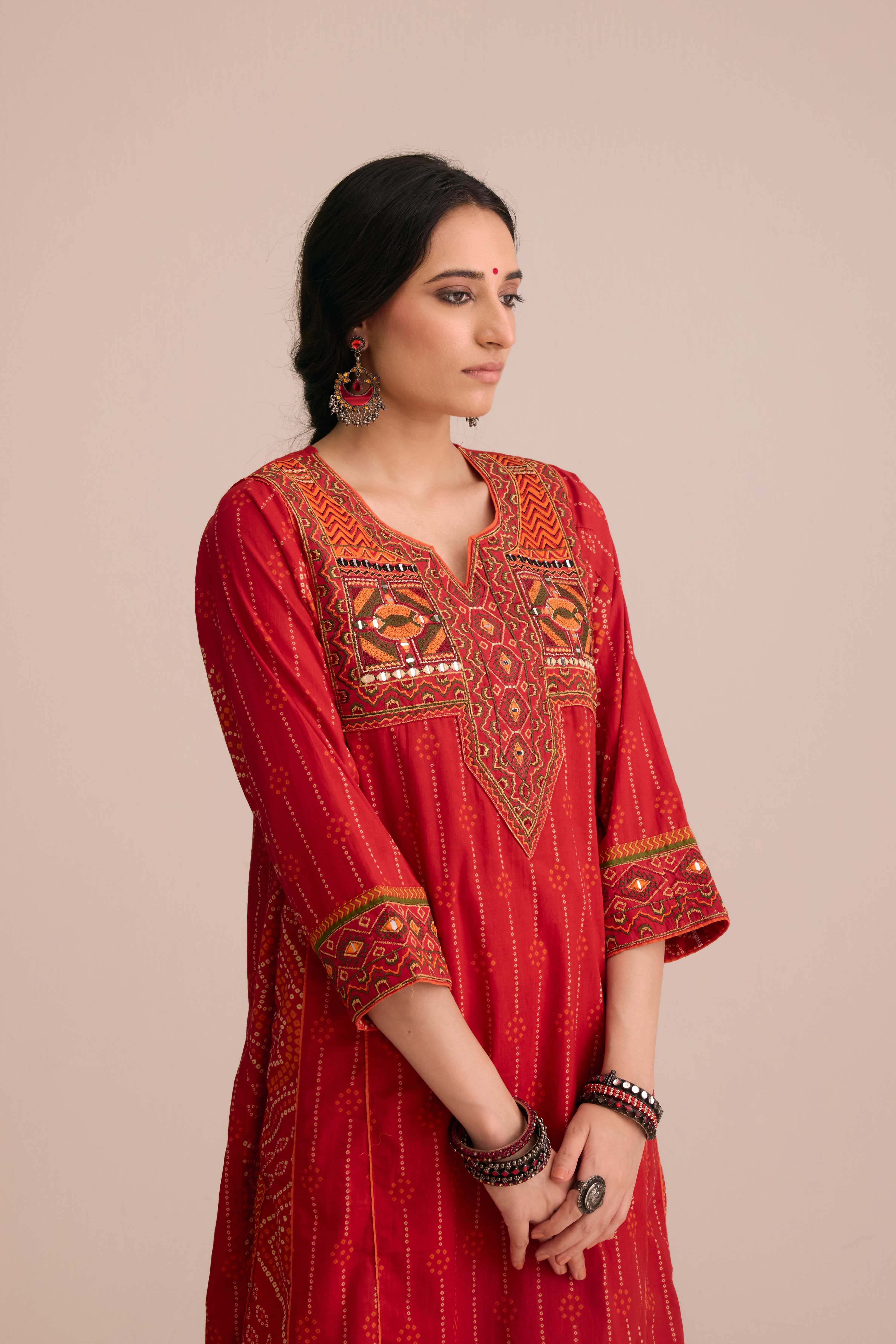 Tulsi Cotton Embroidered Printed Kurta Red
