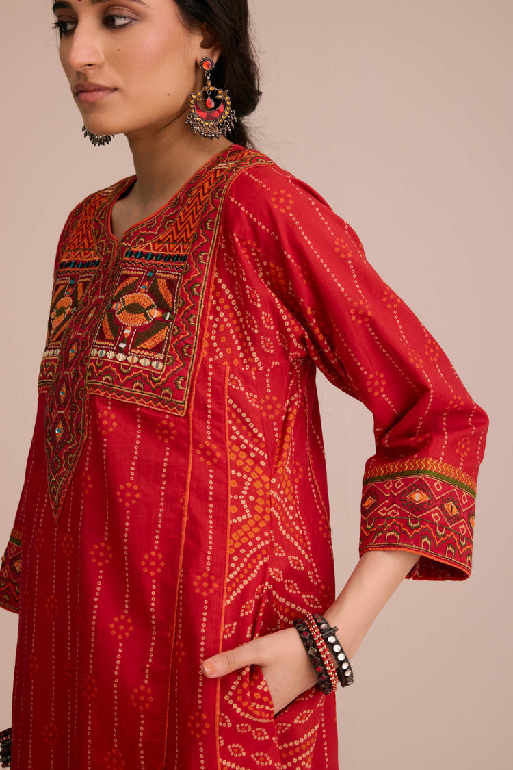 Tulsi Cotton Embroidered Printed Kurta Red