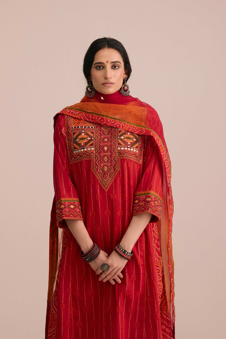 Tulsi Cotton Embroidered Printed Kurta Red