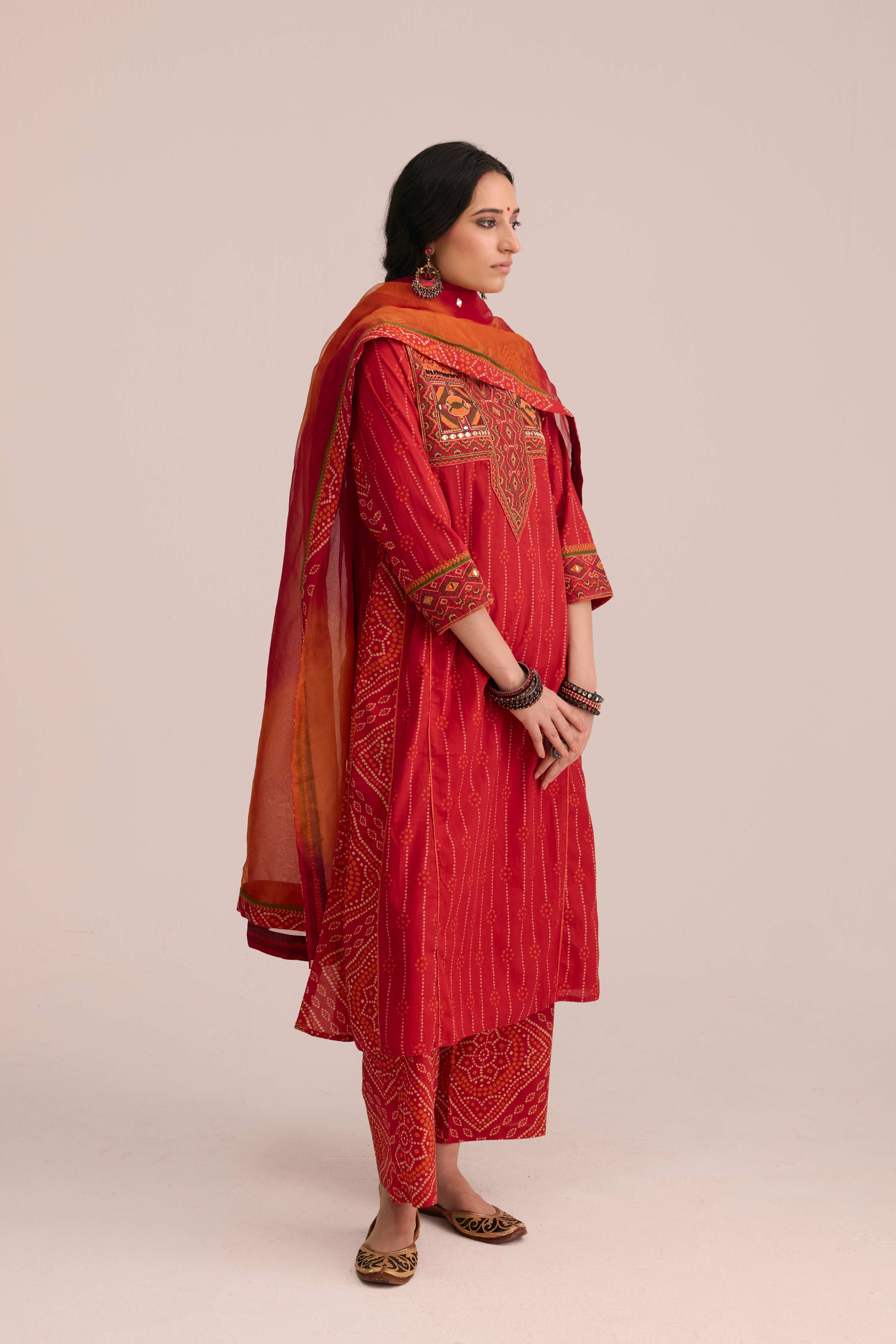Medh Embroidered Treated Chiffon Dupatta Red