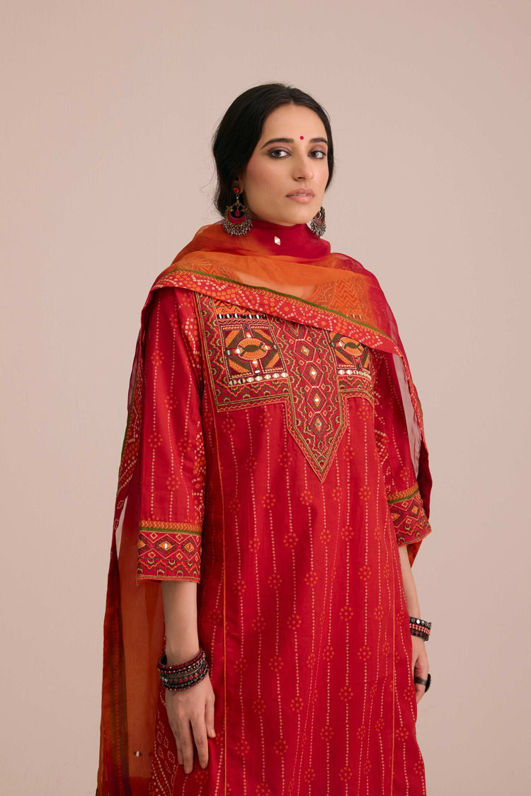 Medh Embroidered Treated Chiffon Dupatta Red