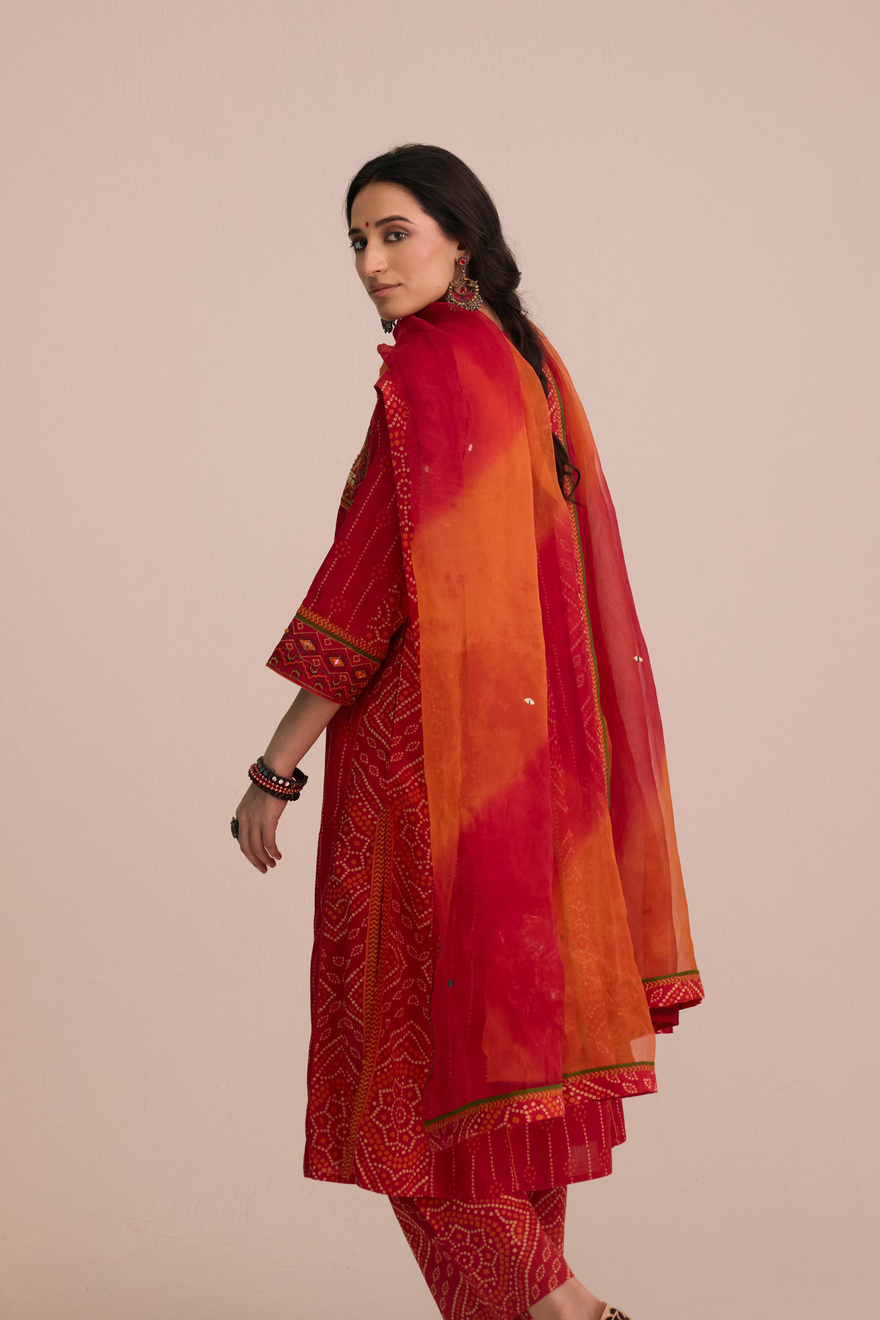 Tulsi Cotton Embroidered Printed Kurta Red