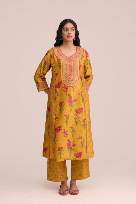Tulsi Embroidered Chanderi Printed Kurta Yellow
