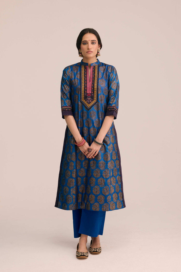 Rozana Printed Silk Ensemble Blue (Set of 3)