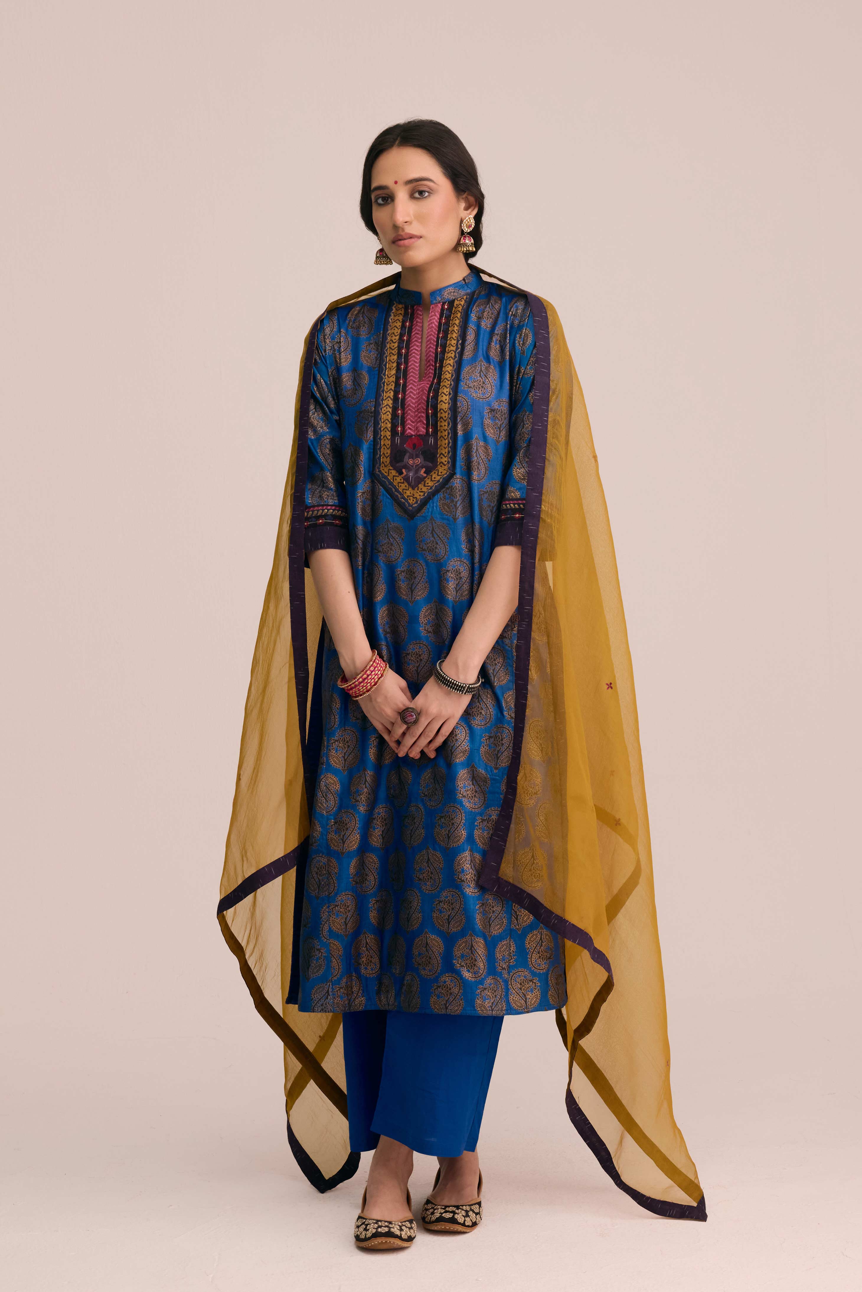 Rozana Printed Silk Ensemble Blue (Set of 3)