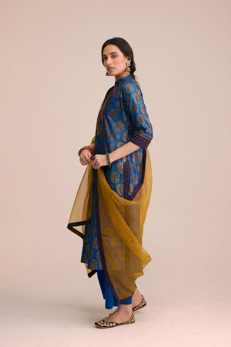 Rozana Printed Silk Ensemble Blue (Set of 3)