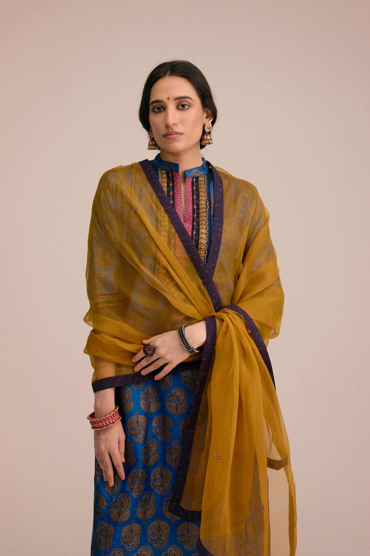 Rozana Printed Silk Ensemble Blue (Set of 3)