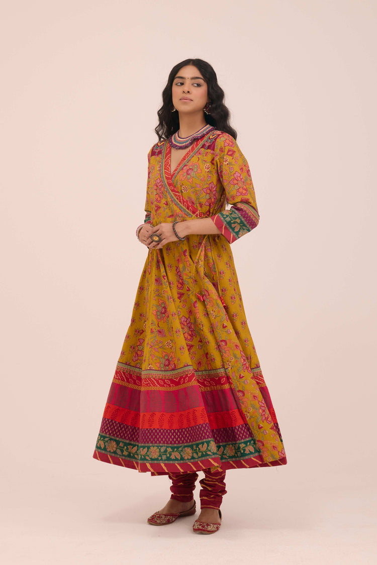 Nargis Cotton Printed  Angrakha Anarkali Mustard