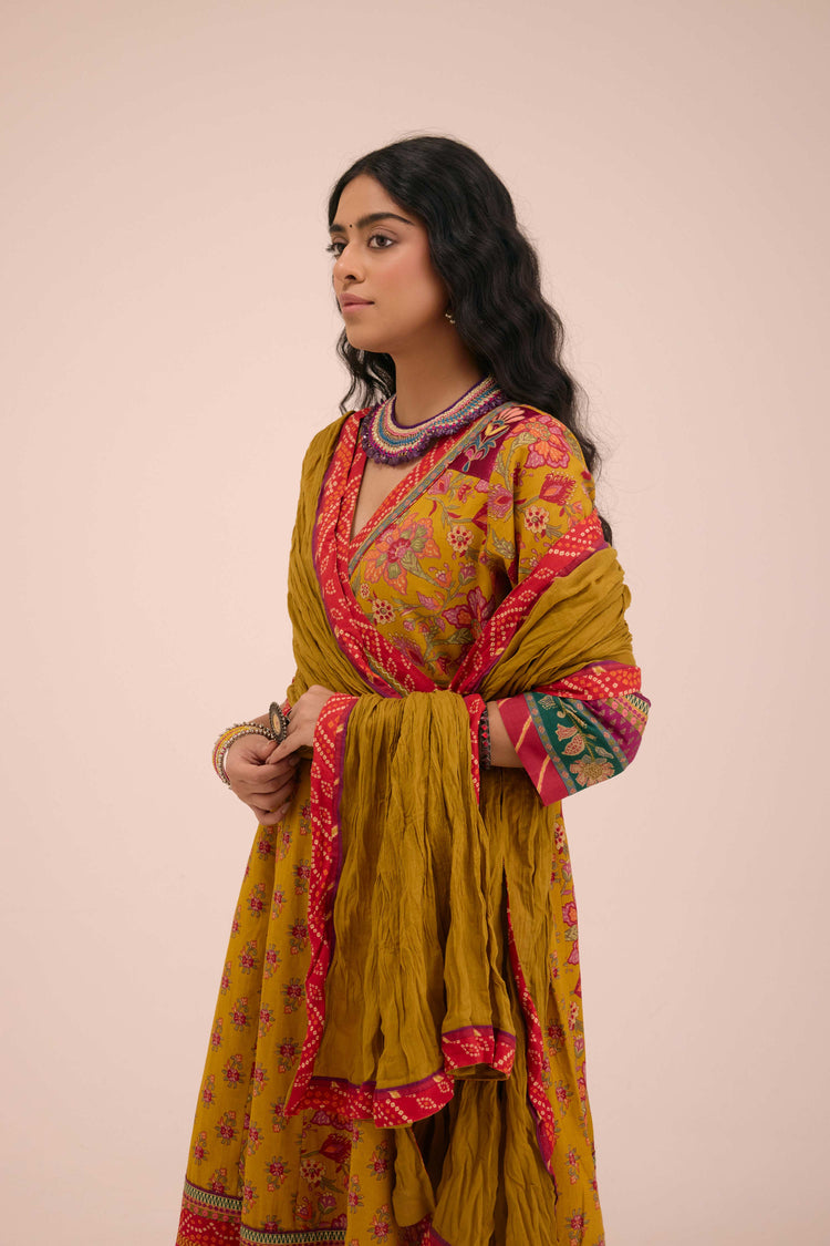 Nargis Cotton Printed  Angrakha Anarkali Mustard
