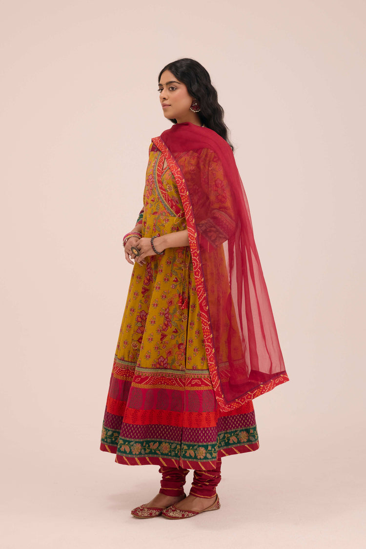 Nargis Cotton Printed  Angrakha Anarkali Mustard