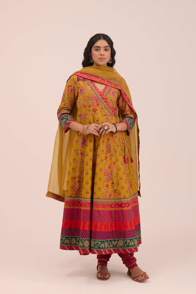 Nargis Cotton Printed  Angrakha Anarkali Mustard