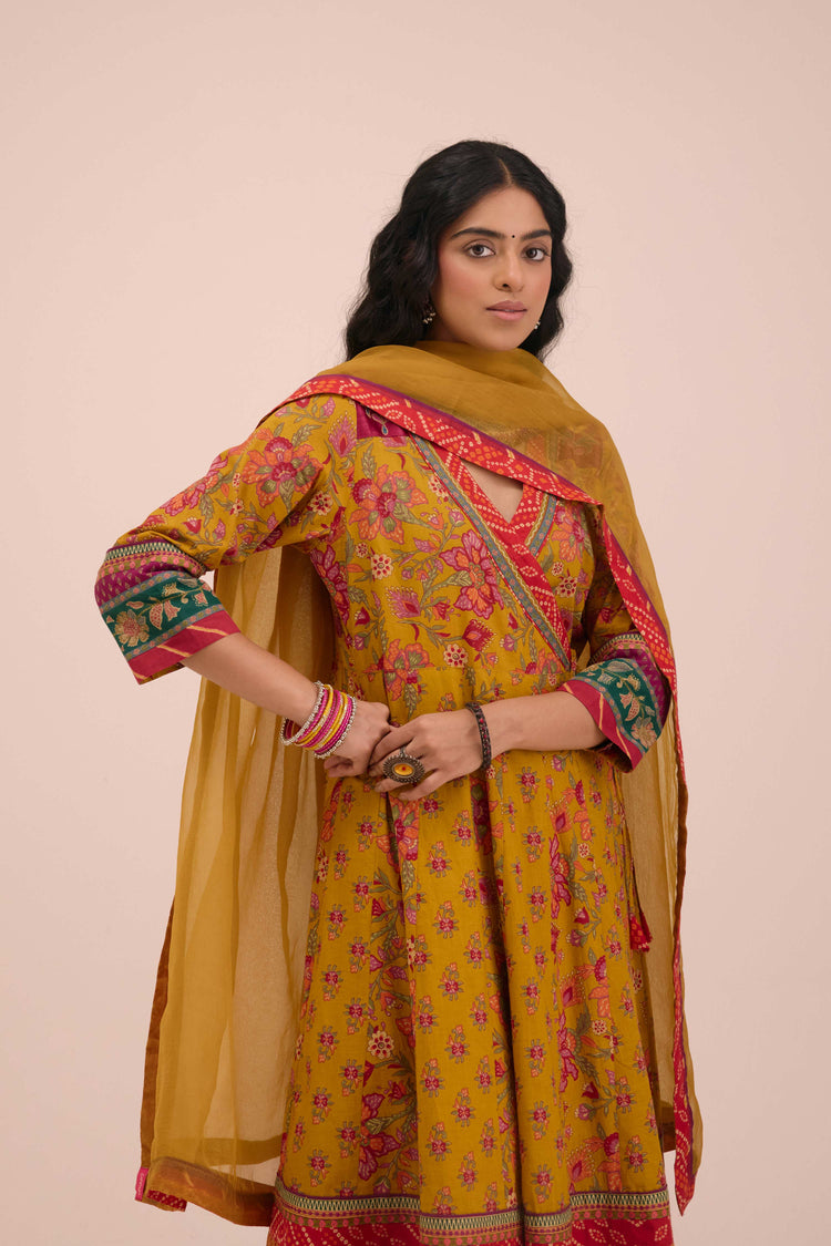 Nargis Cotton Printed  Angrakha Anarkali Mustard