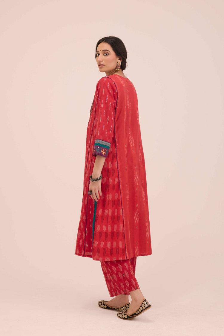 Tulsi Cotton Slub Embroidered Ikkat Kurta Red