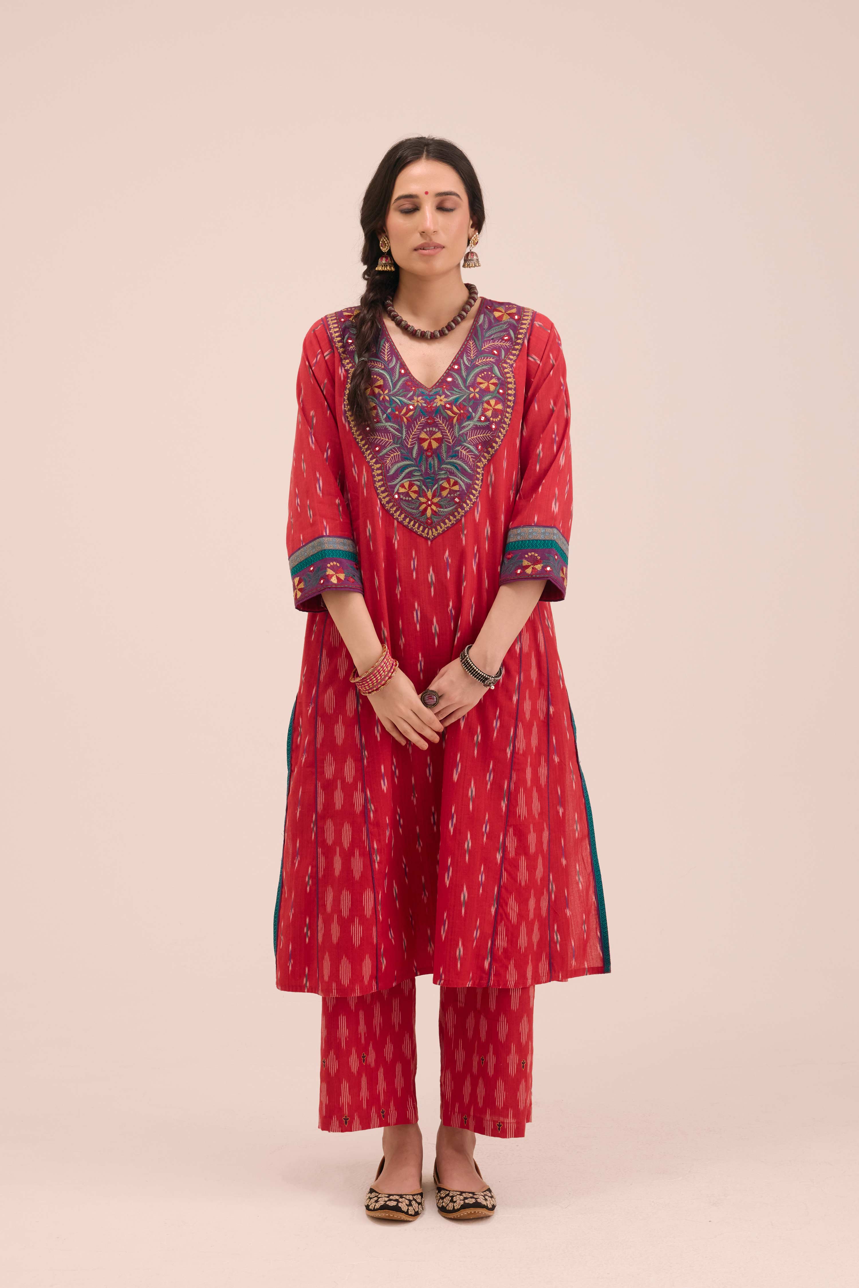 Straight Embroidered  Ikkat Printed Pant Red