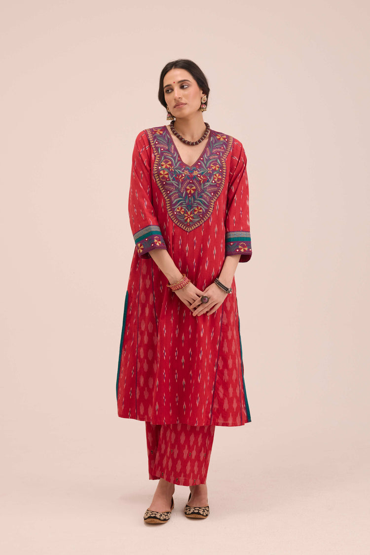 Tulsi Cotton Slub Embroidered Ikkat Kurta Red