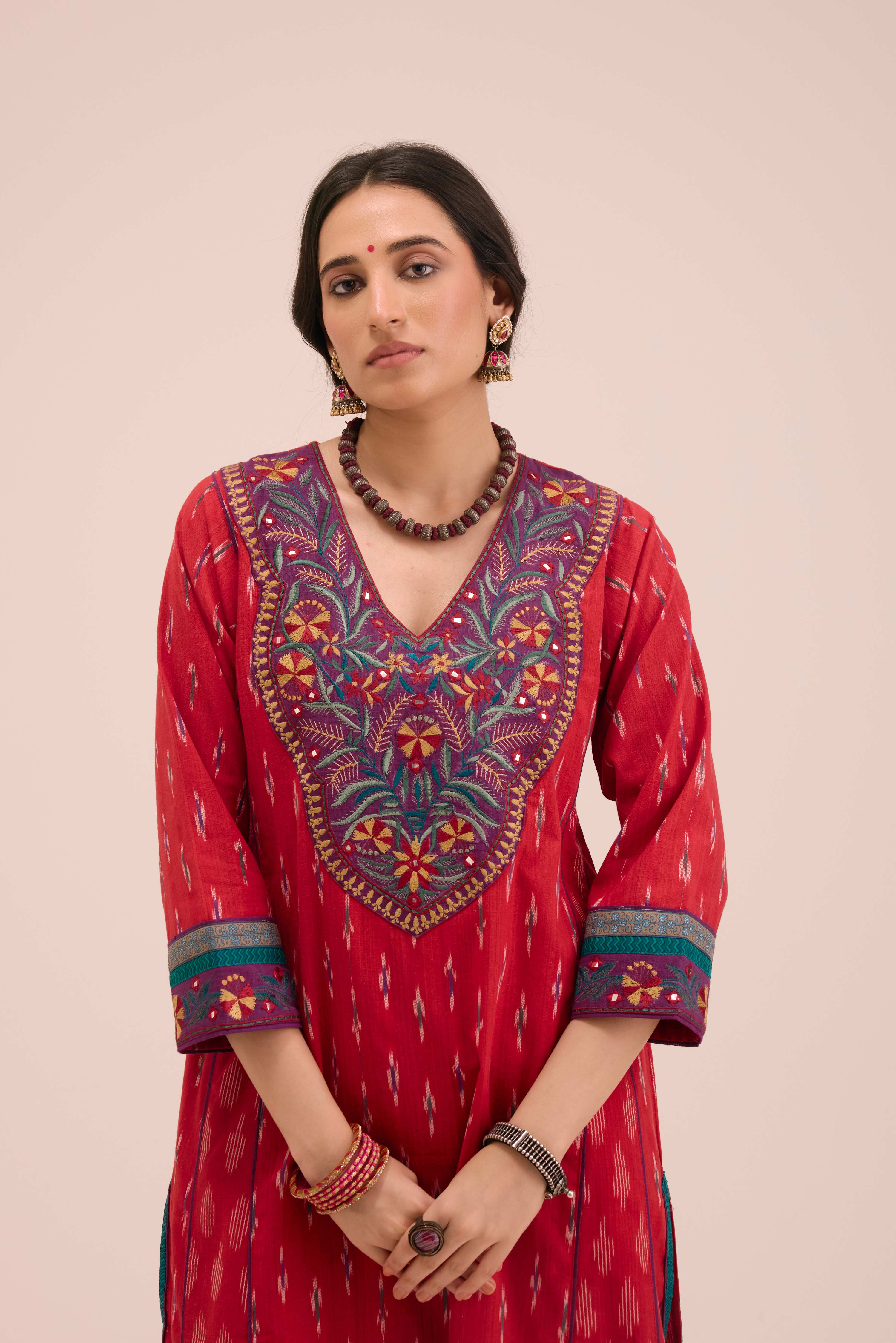 Tulsi Cotton Slub Embroidered Ikkat Kurta Red