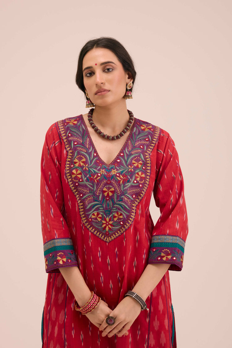 Tulsi Cotton Slub Embroidered Ikkat Kurta Red
