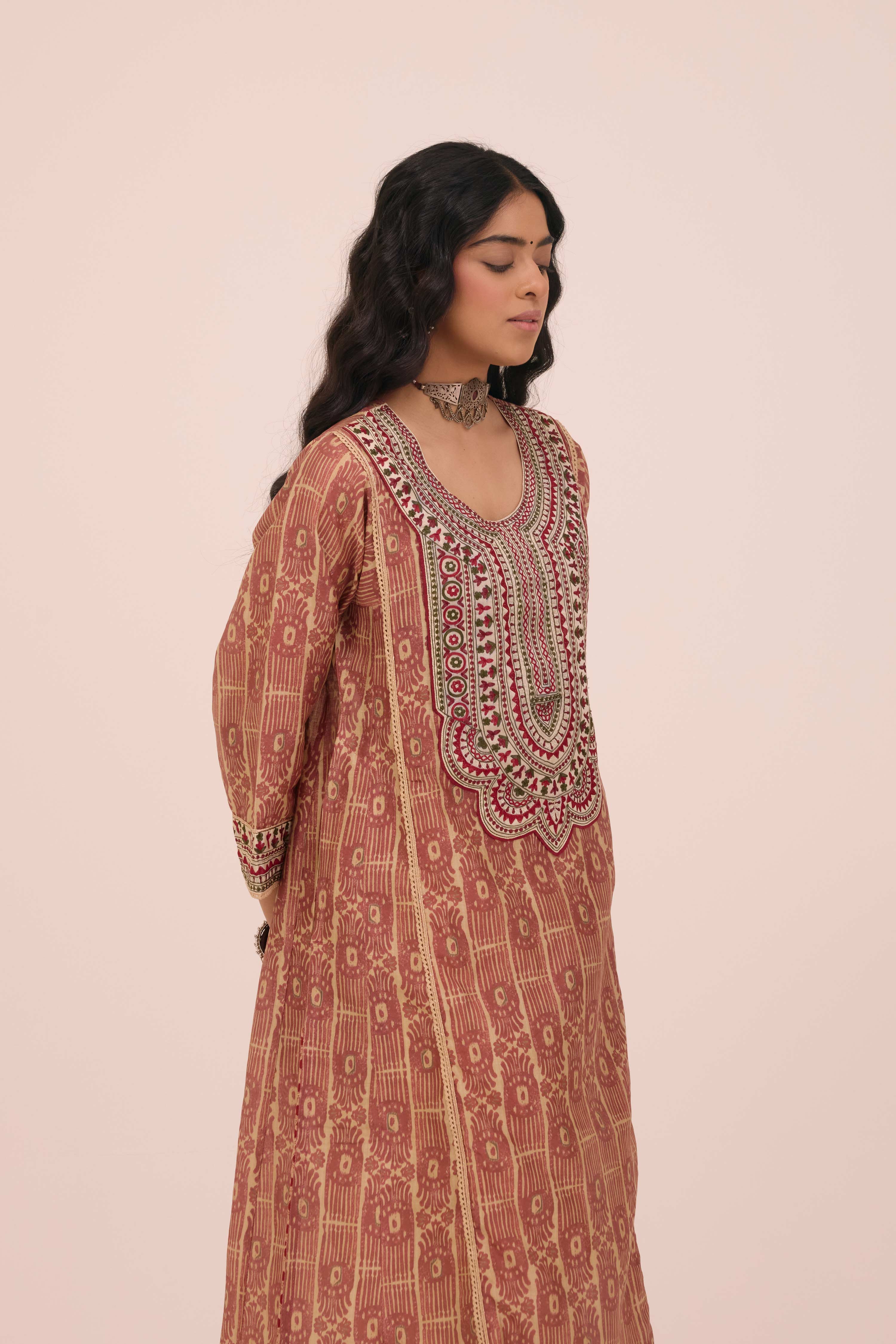 Tulsi Embroidered Chanderi Printed Ensemble Maroon (Set of 3)