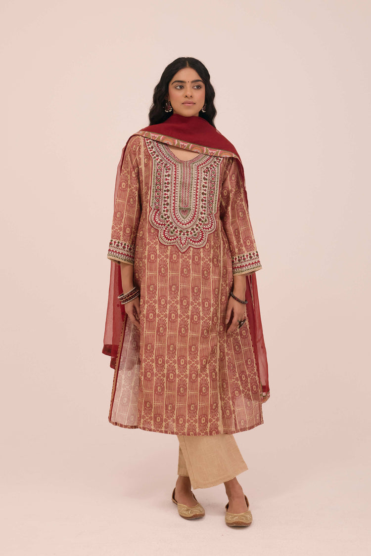 Tulsi Embroidered Chanderi Printed Ensemble Maroon (Set of 3)