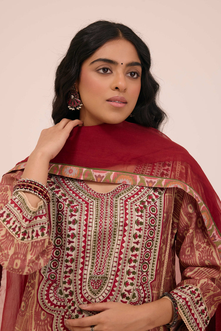Tulsi Embroidered Chanderi Printed Ensemble Maroon (Set of 3)