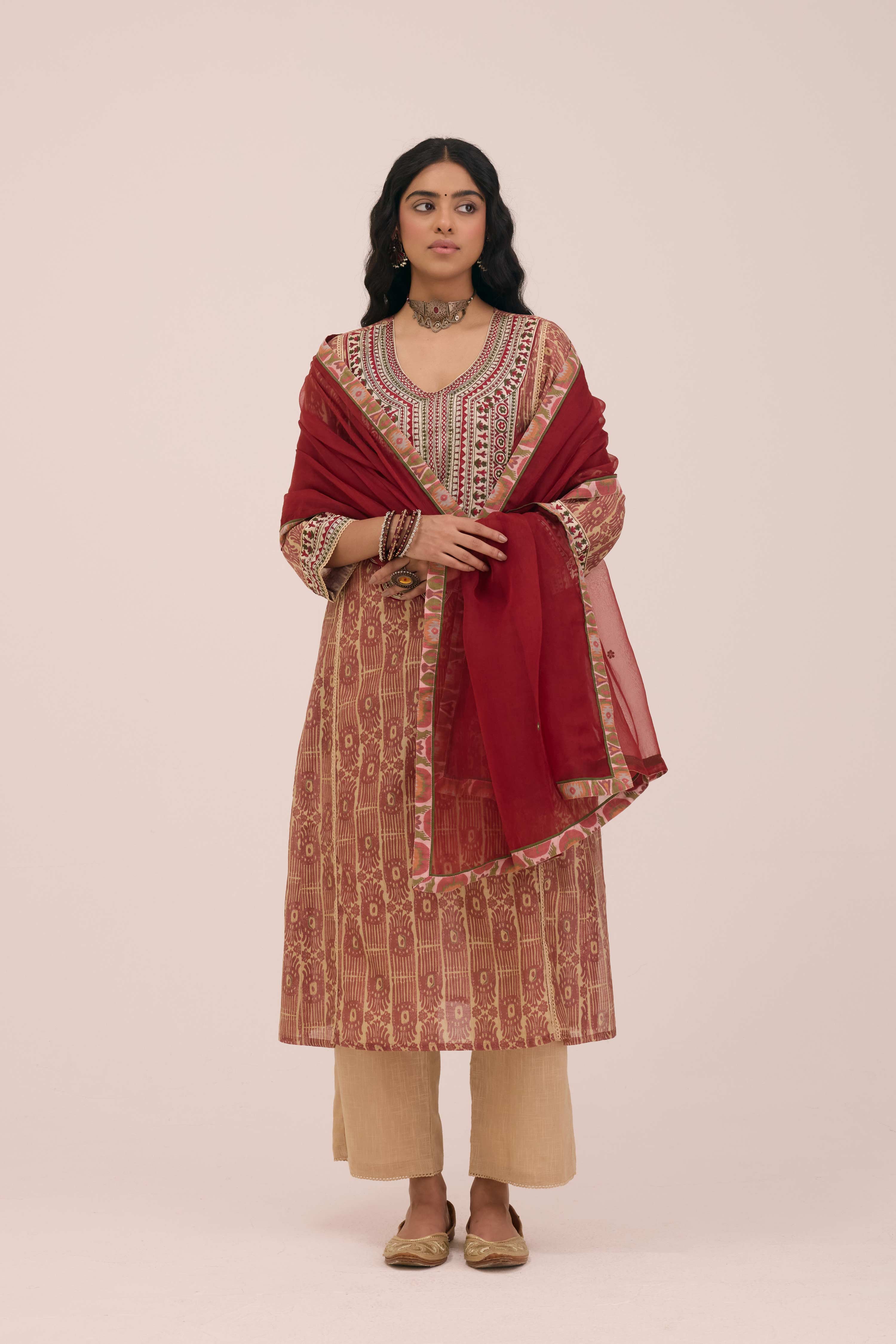 Tulsi Embroidered Chanderi Printed Ensemble Maroon (Set of 3)