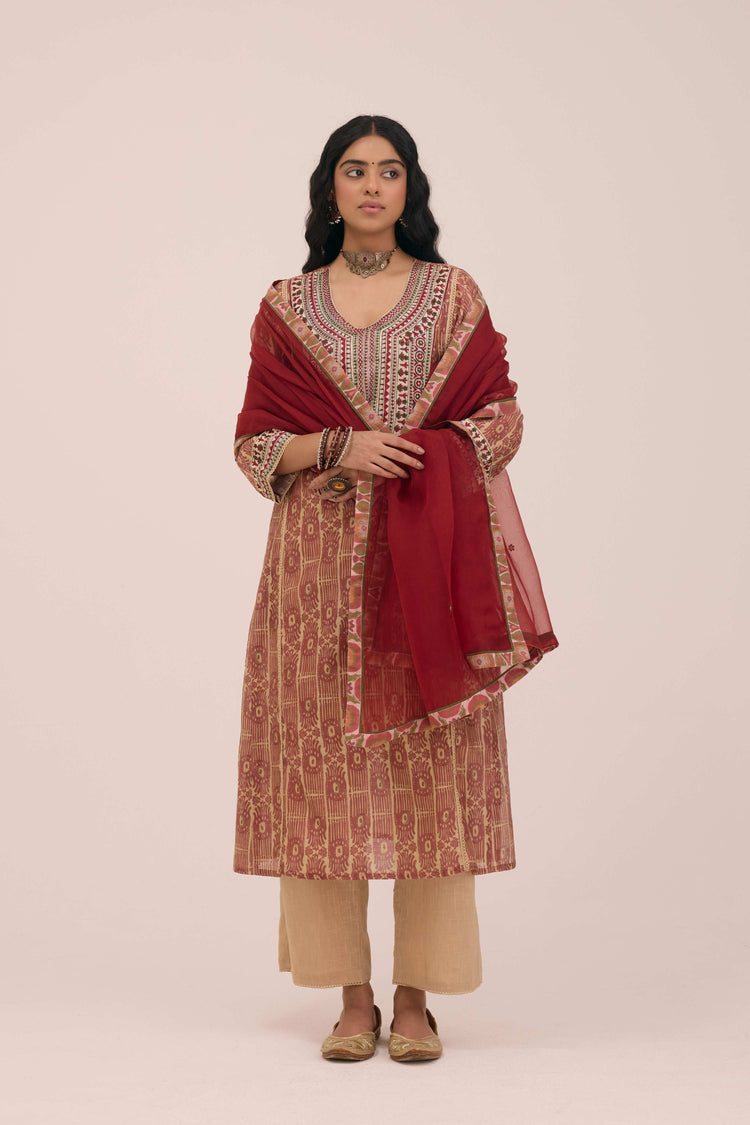 Tulsi Embroidered Chanderi Printed Ensemble Maroon (Set of 3)