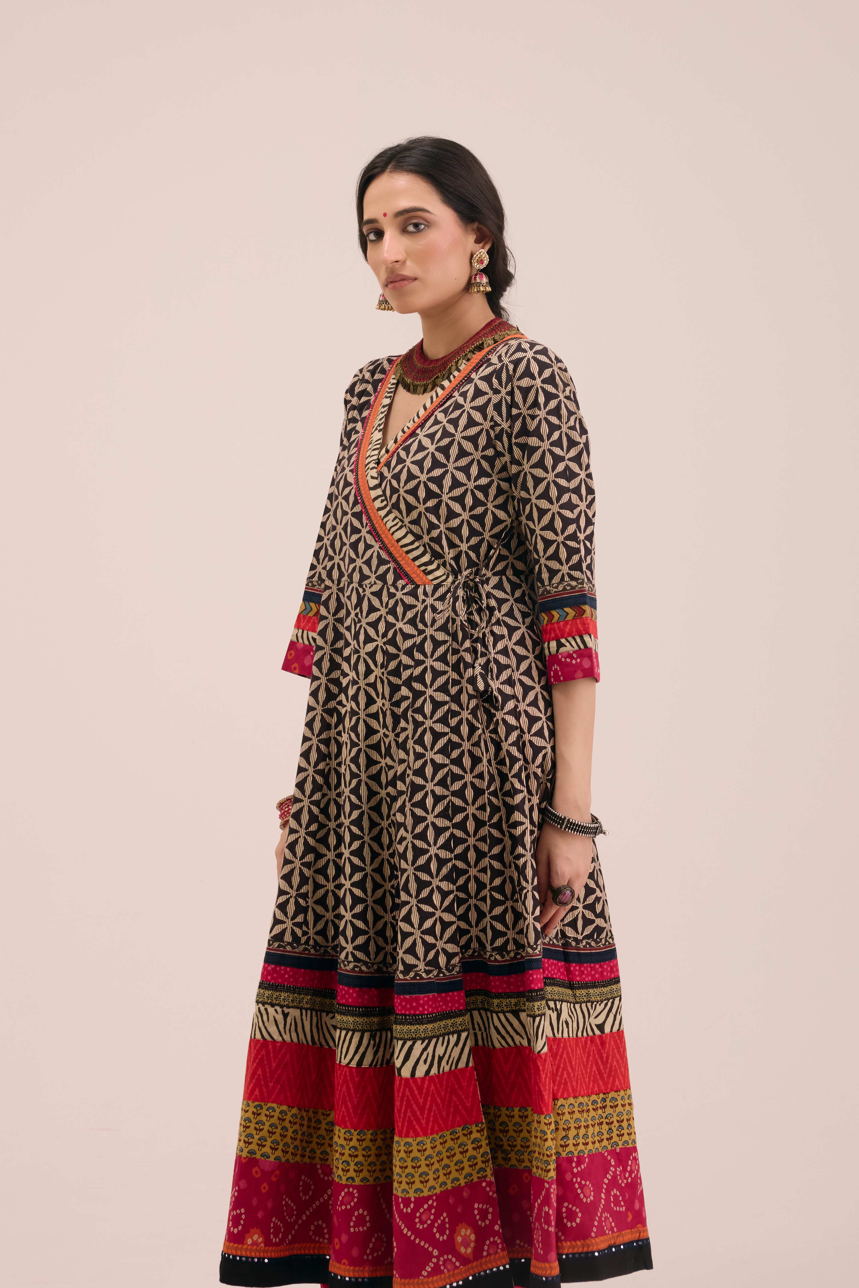 Nargis Cotton Angrakha Anarkali Ensemble Black Pink (SO3)