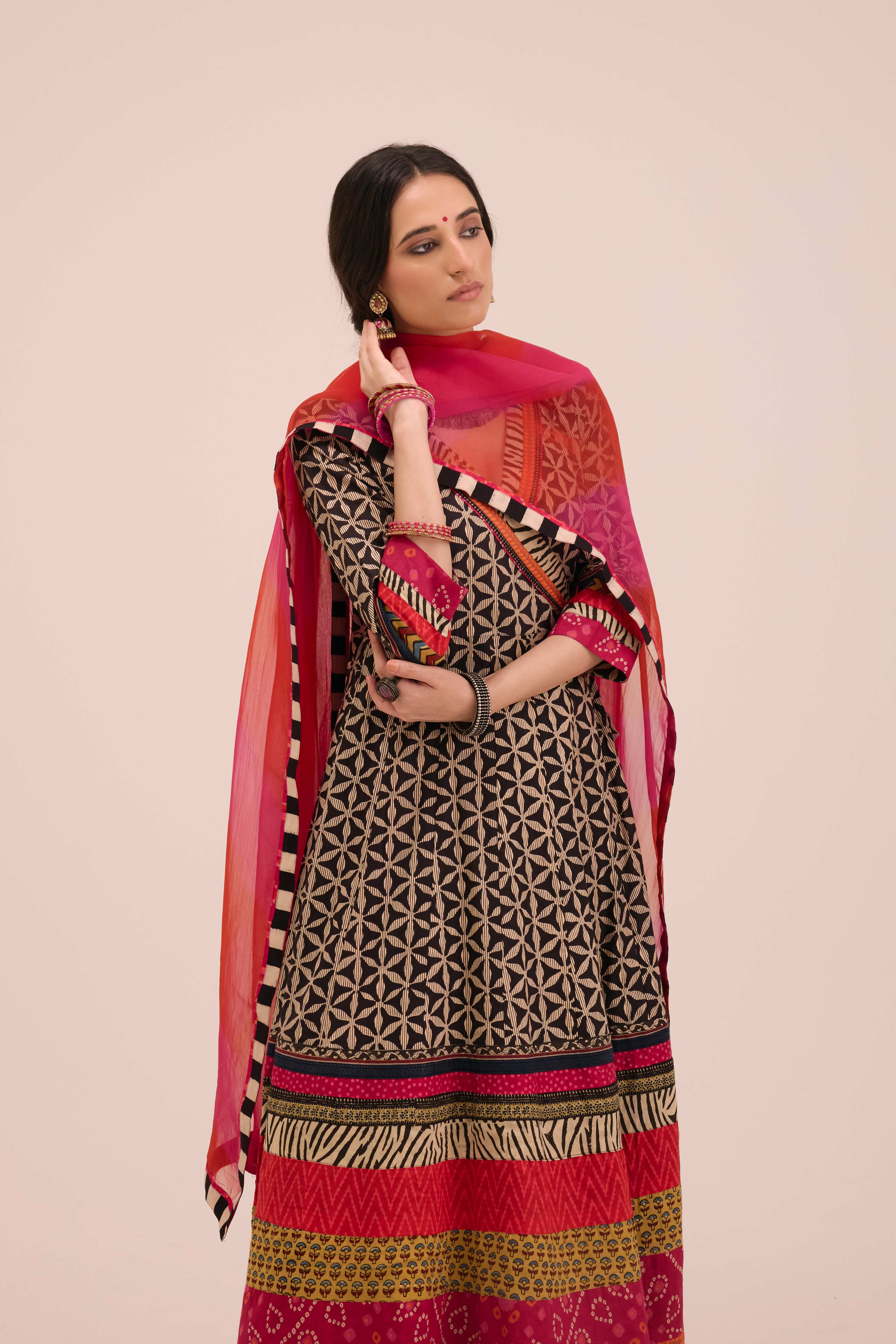 Nargis Cotton Angrakha Anarkali Ensemble Black Pink (SO3)