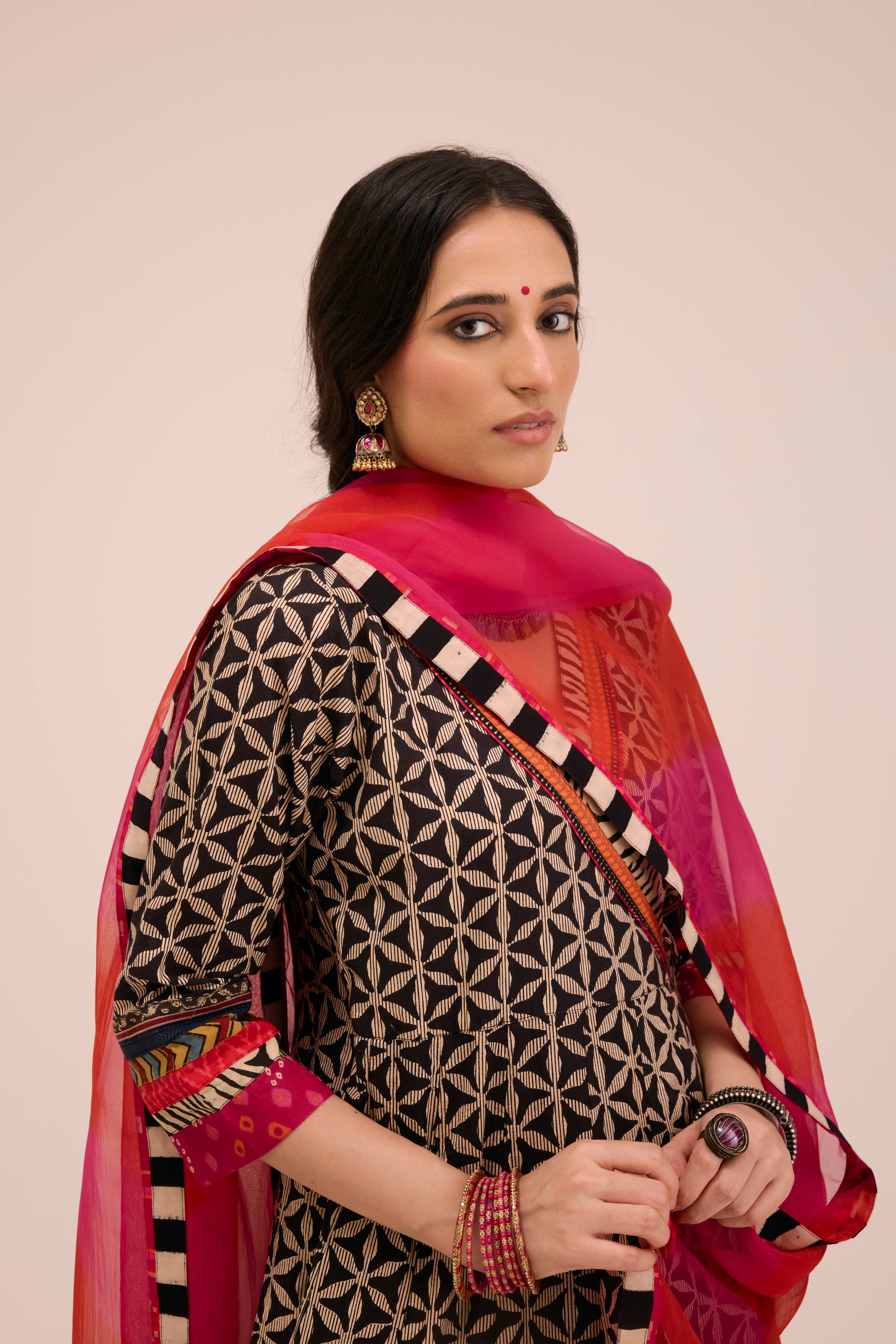 Nargis Cotton Angrakha Anarkali Ensemble Black Pink (SO3)